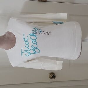 Caribbean Joe Size PS, Ivory Sweater w/ "Just Beachy" written in Blue, NEW w/Tag
